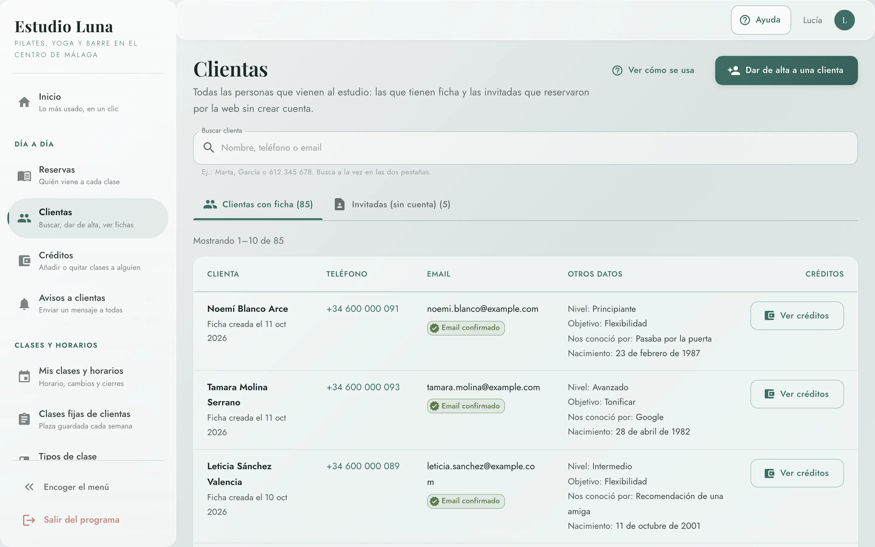 Panel de Corelia: tus clientas y sus créditos (datos de ejemplo).