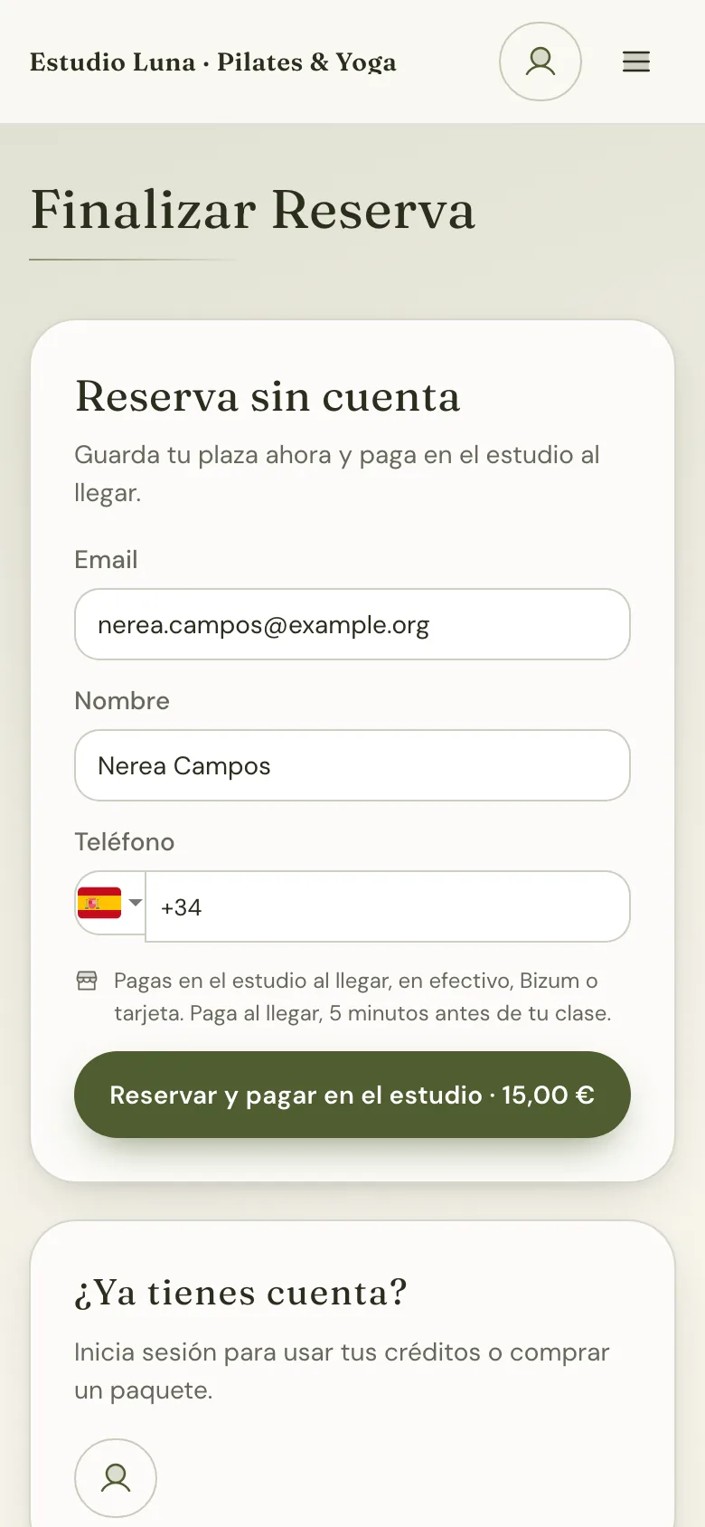Web del estudio en el celular: reservar sin cuenta y pagar en el estudio (efectivo o tarjeta)